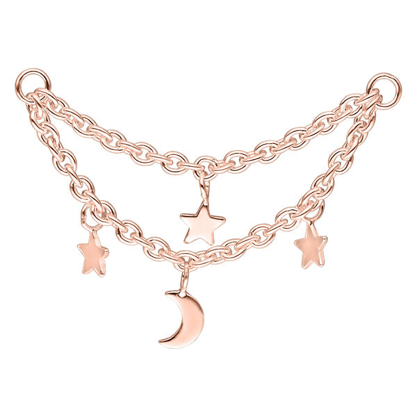 Roségoldene Piercingkette mit Mond und Sternen auf weißem Hintergrund
