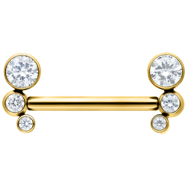 Barbell color oro con cinque cristalli chiari su sfondo bianco