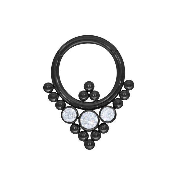 Oriental Triangle Clicker nero in acciaio chirurgico con cristalli chiari su sfondo bianco