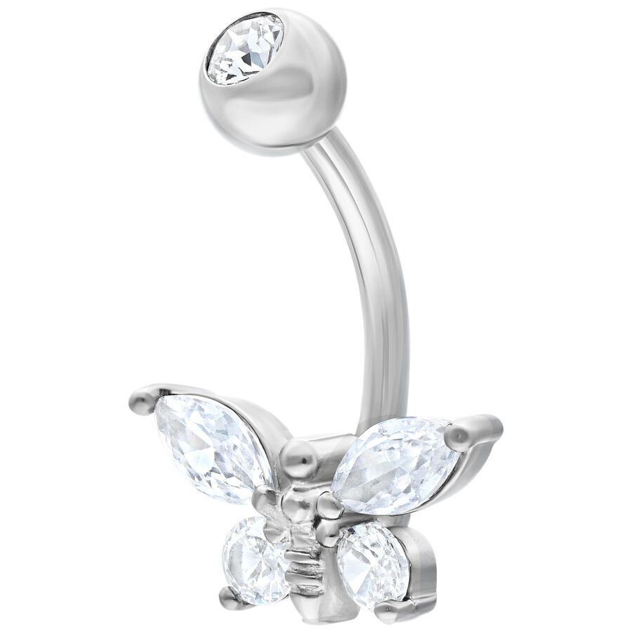Banana de plata con diseño de mariposa de cristal claro sobre fondo blanco