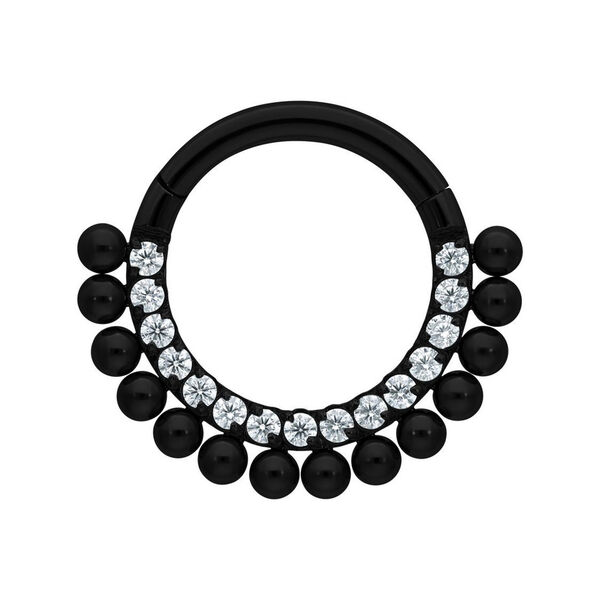 Clicker de titanio negro con piedras cristalinas y bolas sobre fondo blanco