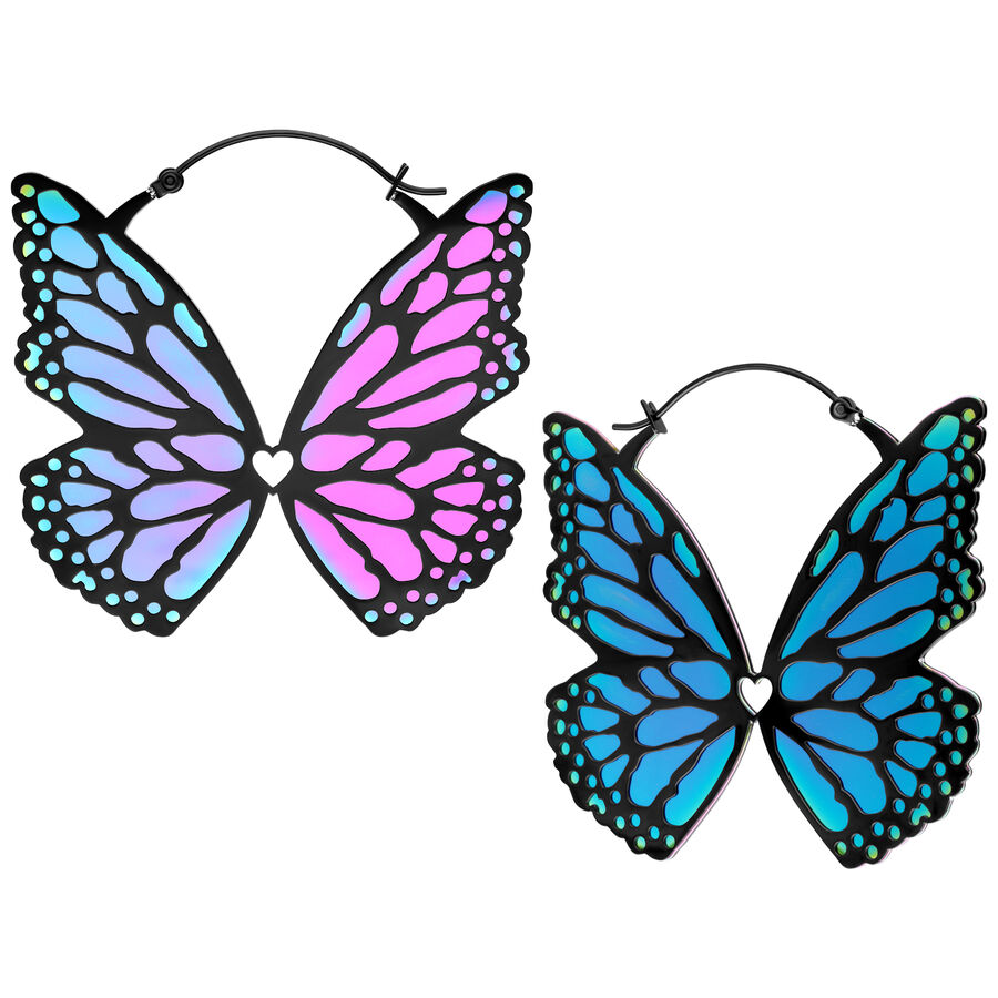 Kaksi mustaa Butterfly Hoopsia värikkäillä siivillä valkoisella taustalla
