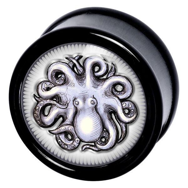 Schwarzer Plug mit silbernem Octopus-Motiv auf weißem Hintergrund