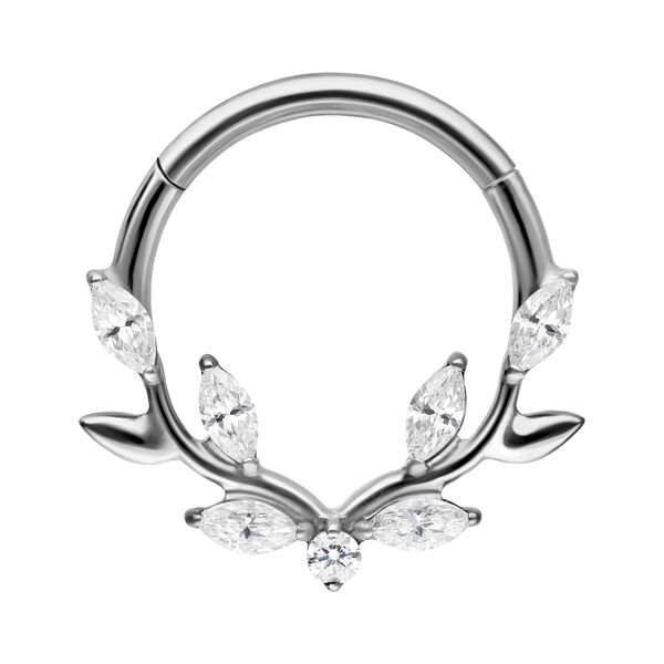 Silberner Septum Clicker mit Kristall-Blatt-Design auf weißem Hintergrund
