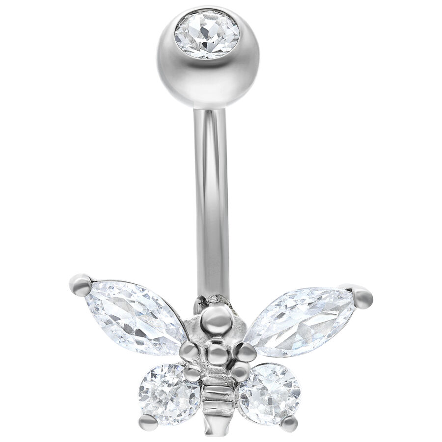 Banana Bell de plata con piedras cristalinas en forma de abeja sobre fondo blanco