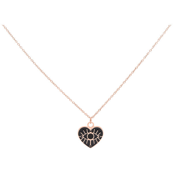 Collana in oro rosa con ciondolo a cuore e motivo occhio su sfondo bianco
