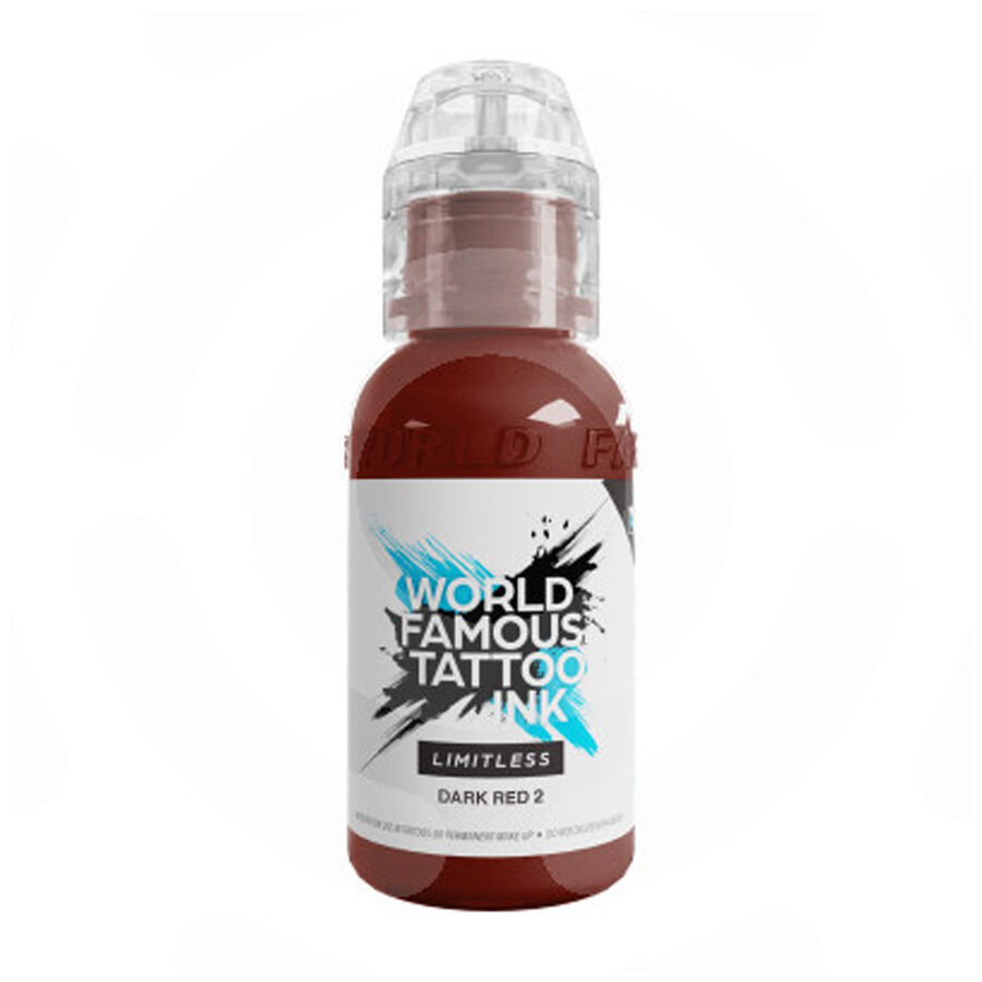 Bottiglia di World Famous Ink Limitless Dark Red 2, 30ml, su sfondo bianco