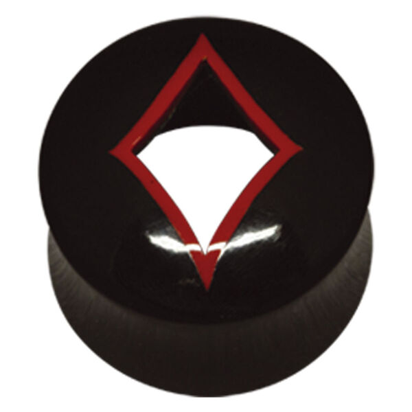 Schwarzer Buffalo Horn Tunnel mit rotem Diamant-Ausschnitt auf weißem Hintergrund