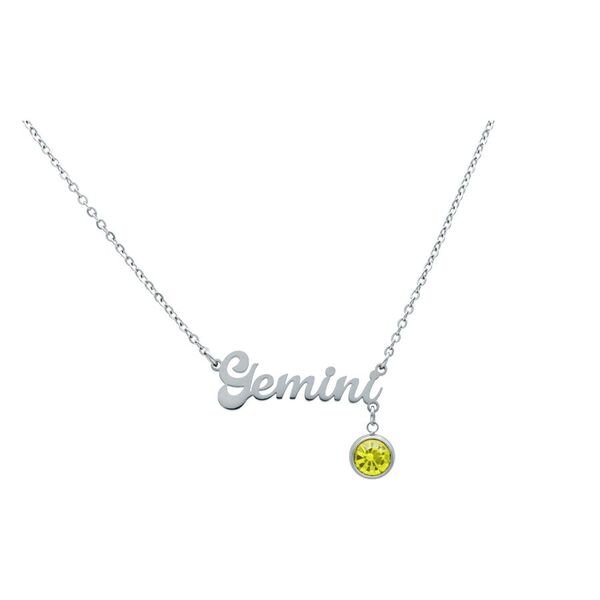 Cadena de plata con el logotipo Gemini y cristal amarillo sobre fondo blanco
