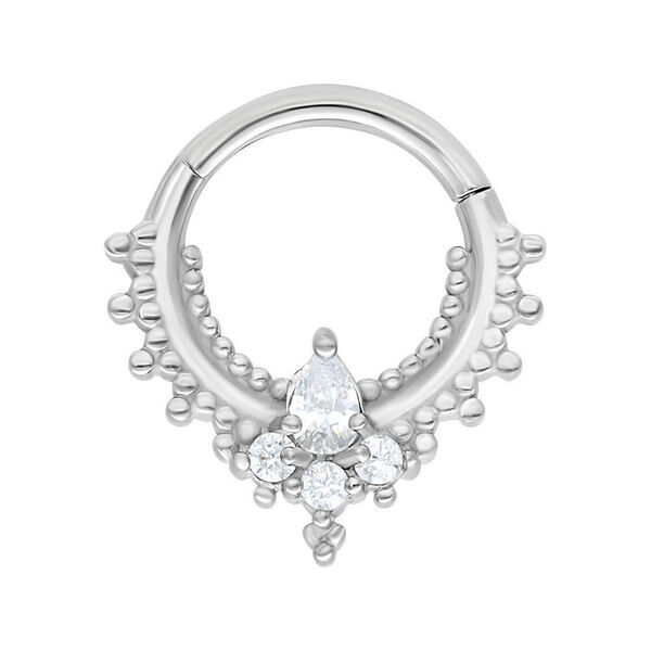 Anillo piercing Oriental Drop Clicker de plata con cristales sobre fondo blanco