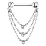 Barbell argento con tre catene pendenti e cristalli chiari su sfondo bianco