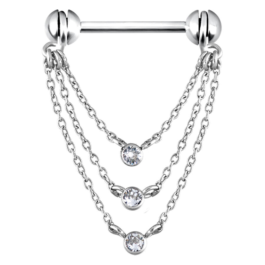Barbell argento con tre catene pendenti e cristalli chiari su sfondo bianco