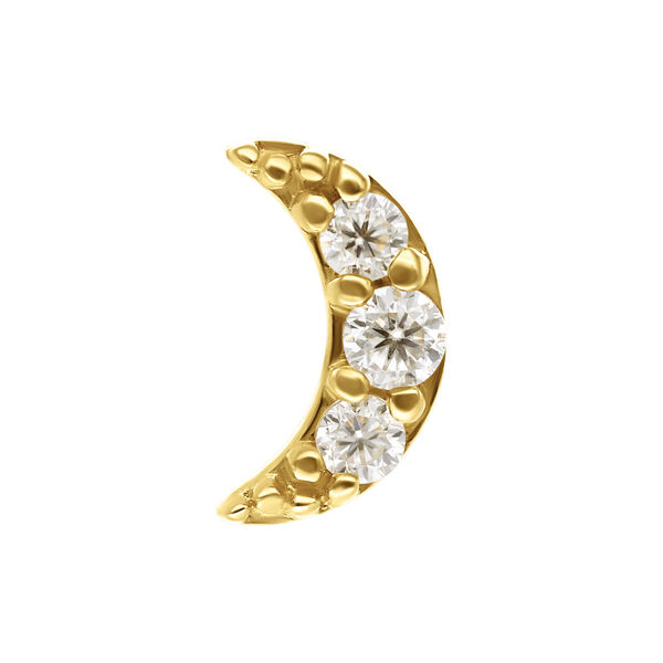 Colgante de luna dorado con tres piedras claras de Moissanita sobre fondo blanco