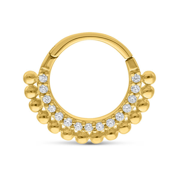 Clicker dorado de 14K Gold con pequeños cristales sobre fondo blanco