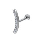 Barbell per orecchio in argento con cristalli chiari su sfondo bianco