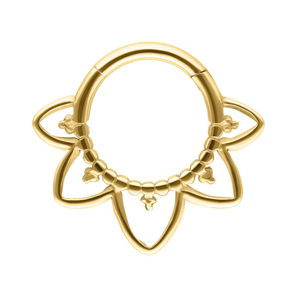 Septum Clicker dorado de titanio con diseño oriental sobre fondo blanco