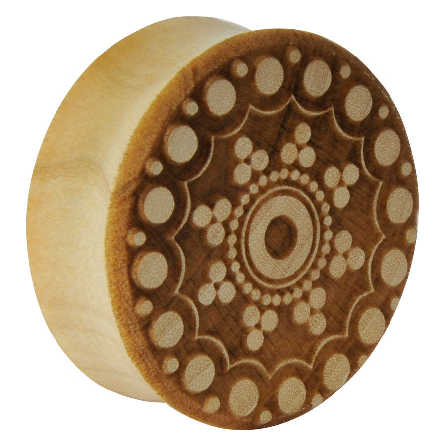 Runder Holz Plug mit dekorativem Pavo Muster auf weißem Hintergrund