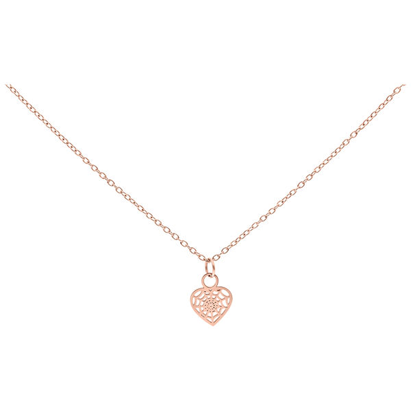 Collar de oro rosa con colgante de corazón delicado sobre fondo blanco