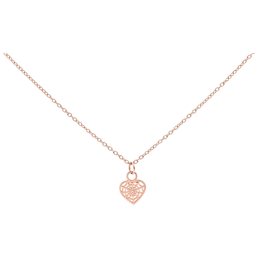 Collana in oro rosa con ciondolo a cuore delicato su sfondo bianco
