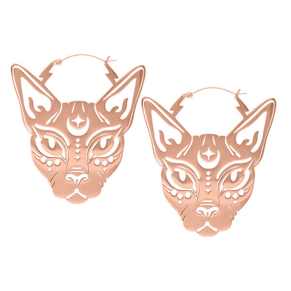 Dos pendientes Sphynx Hoops de acero quirúrgico en oro rosa sobre fondo blanco
