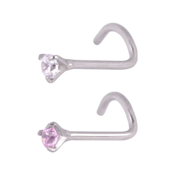 Dos piercings nasales de acero quirúrgico con cristales claros y rosas sobre fondo blanco