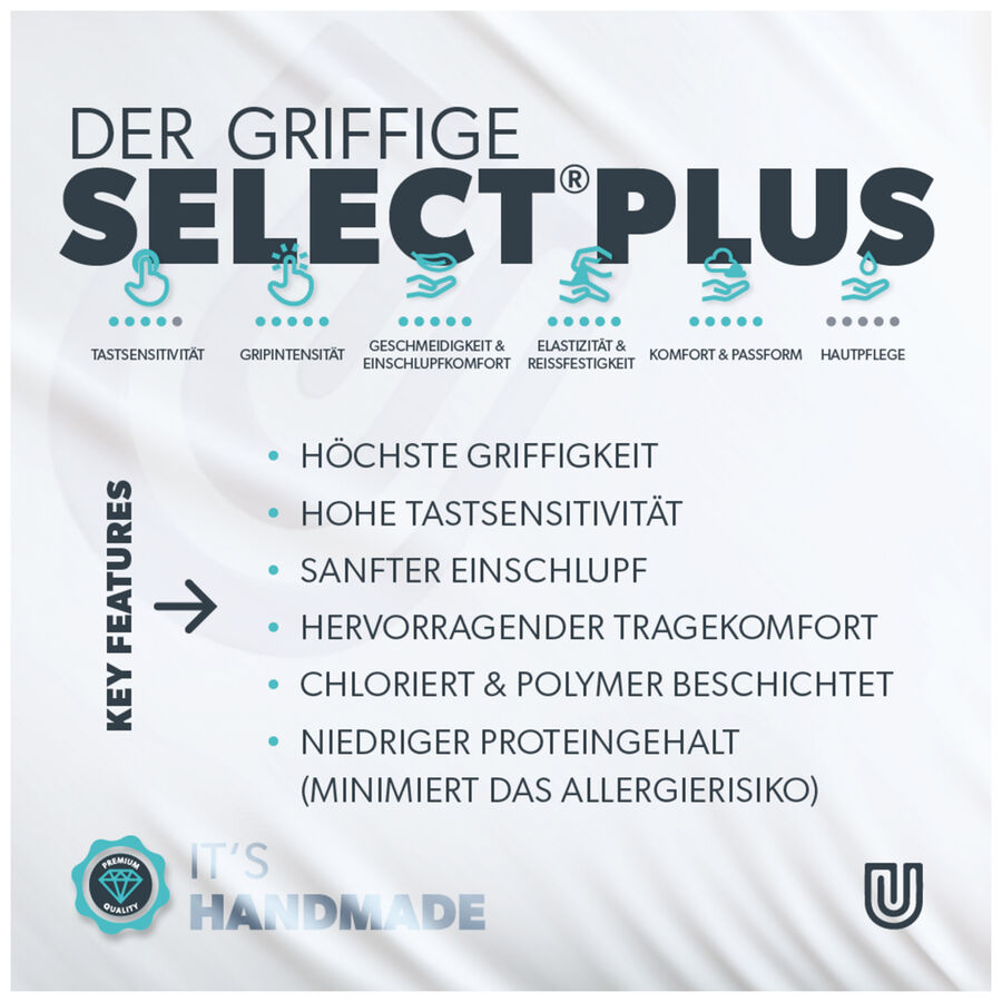 Unigloves Select Plus -käsineet valkoisena, korkea pito ja mukavuus