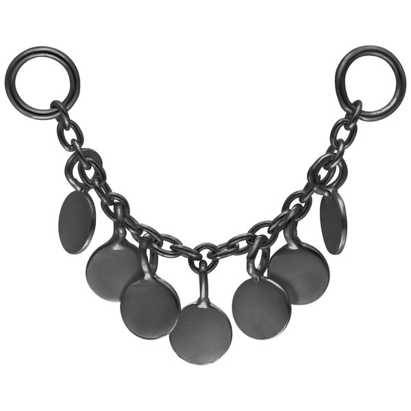 Catena piercing nera con placche rotonde su sfondo bianco