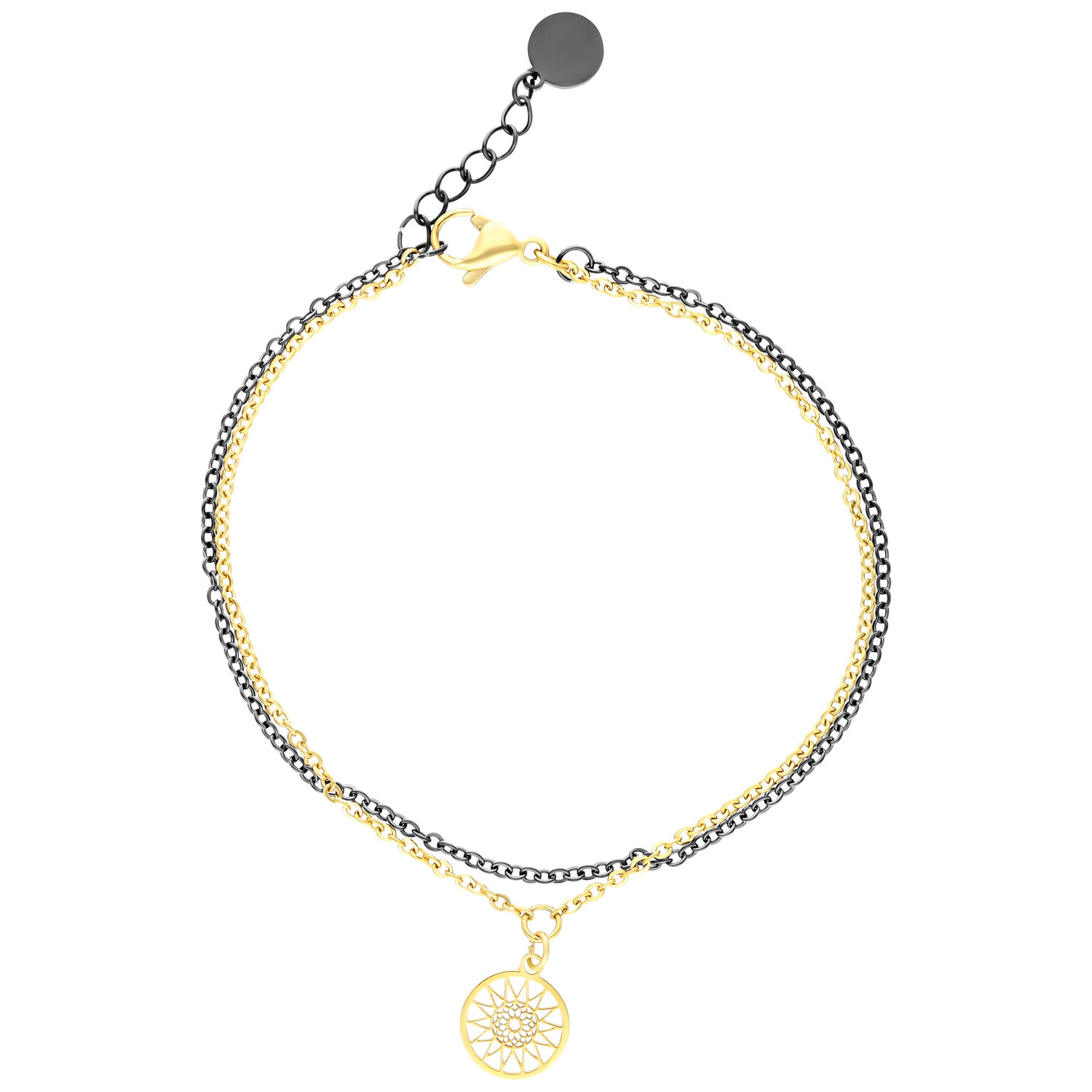 Mandala Armband in Schwarz und Gold Doppeltes Mandala Armband aus Chirurgenstahl in Schwarz und Gold auf weißem Hintergrund