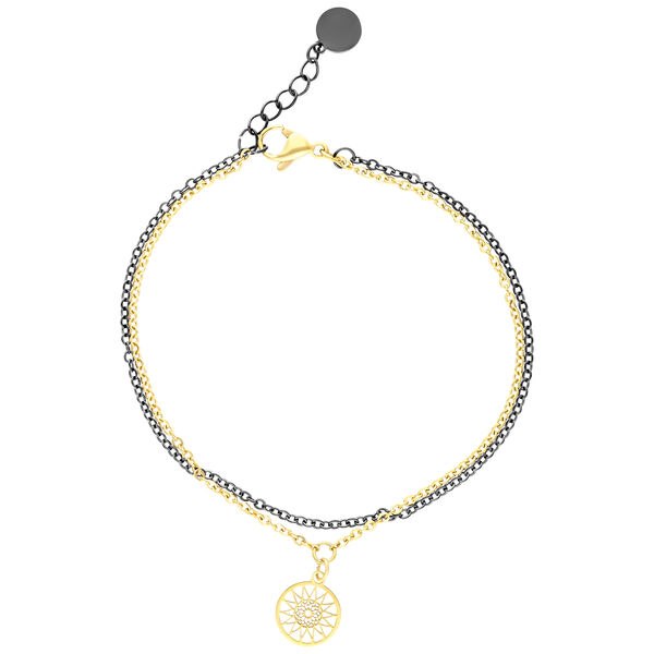 Pulsera doble Mandala de acero quirúrgico en negro y dorado sobre fondo blanco