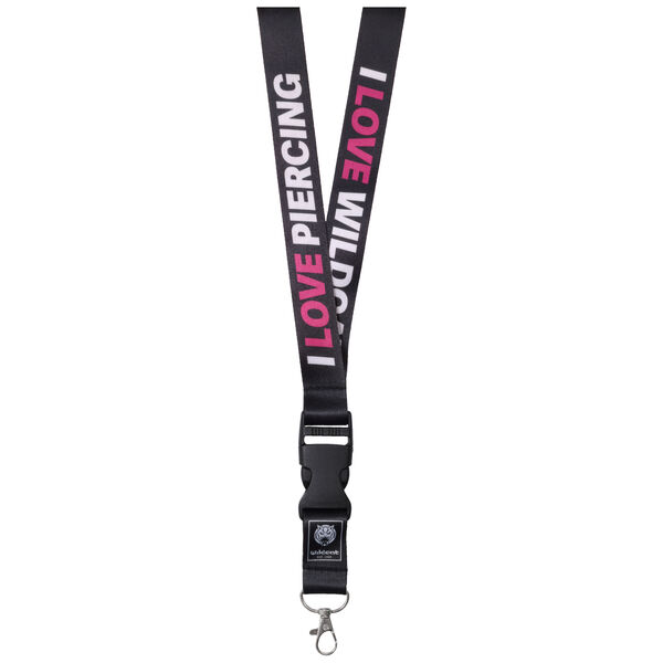 Musta lanyard valkoisella ja pinkillä I LOVE PIERCING tekstillä, metallikoukku