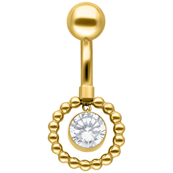 Goldenes Bauchnabelpiercing mit kristallklarem Stein und Ring auf weißem Hintergrund