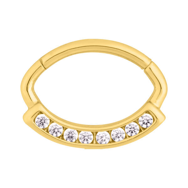Goldener Channel Hinged Ring mit klaren Kristallen auf weißem Hintergrund