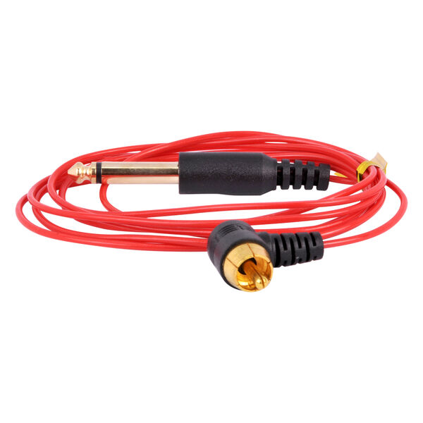 RCA Clipcord rojo con conectores negros sobre fondo blanco