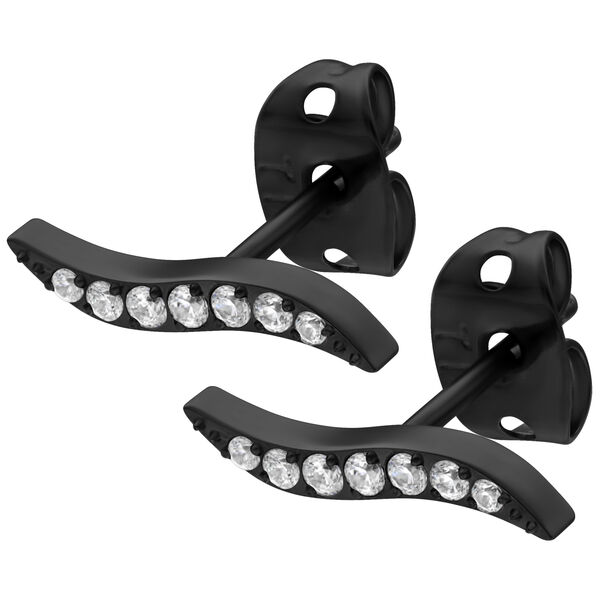 Schwarze Ohrstecker mit klaren Kristallen auf weißem Hintergrund