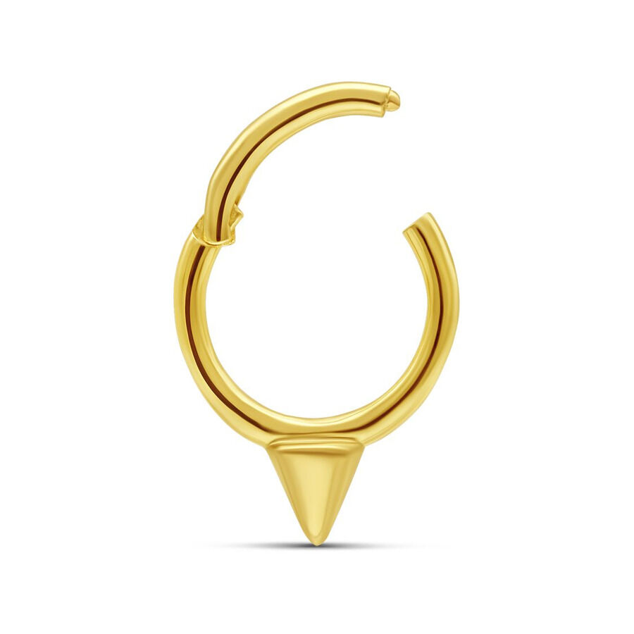 Aro de piercing dorado con punta cónica sobre fondo blanco