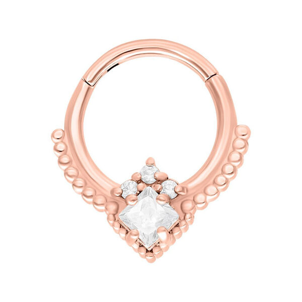 Roségoldener Septum Clicker mit Kristallen auf weißem Hintergrund