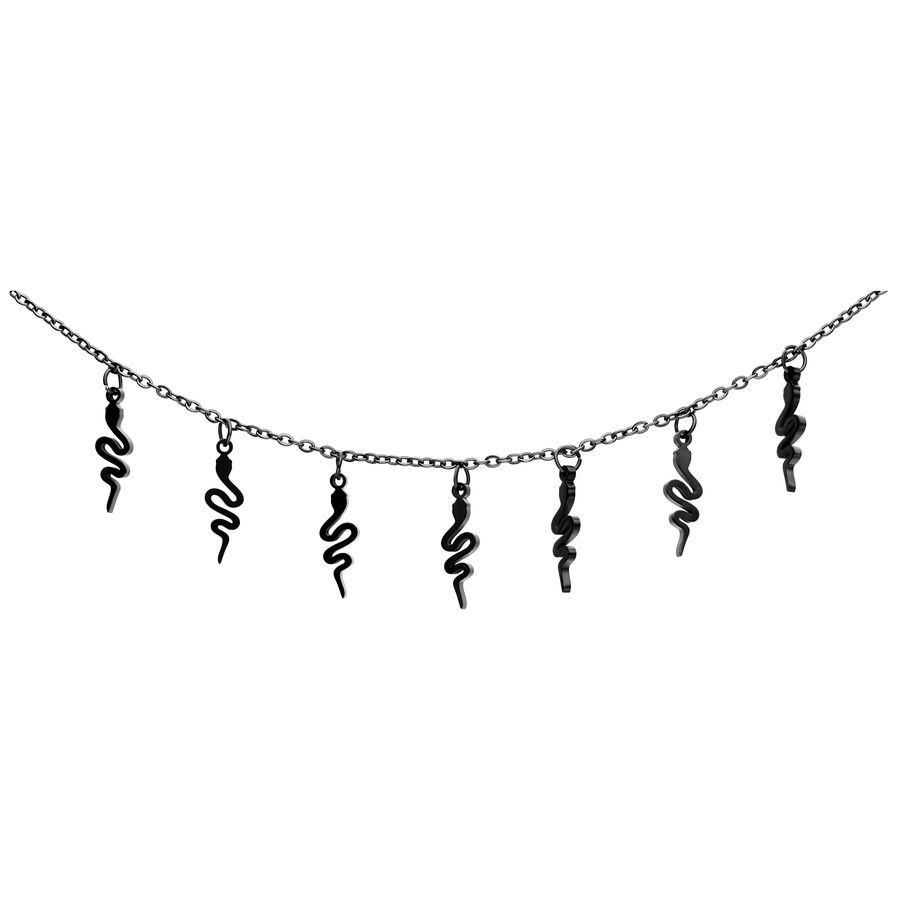 Pulsera negra con dijes de serpiente sobre fondo blanco
