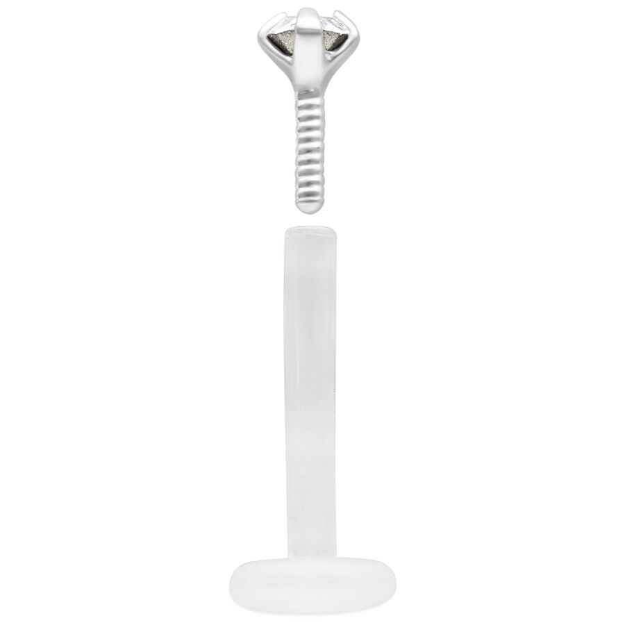 Labret plateado con piedra cristalina y eje de bioplast sobre fondo blanco
