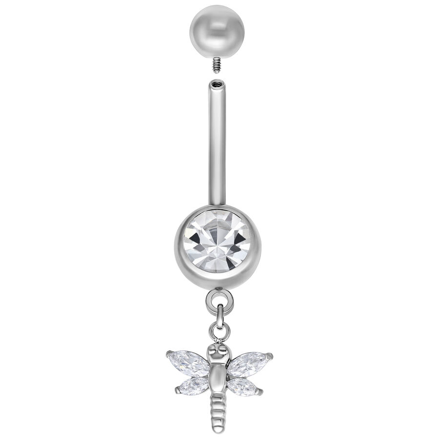 Silbernes Bauchnabelpiercing mit Libellen-Anhänger und kristallklarem Stein, 8,0 mm
