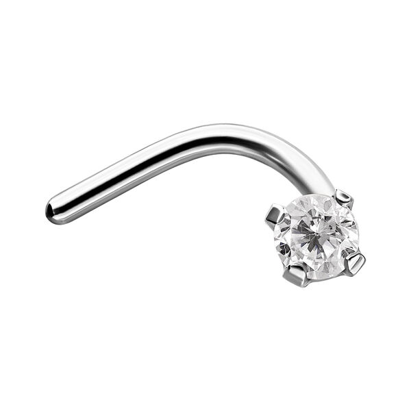 Piercing de nariz plateado con cristal transparente sobre fondo blanco