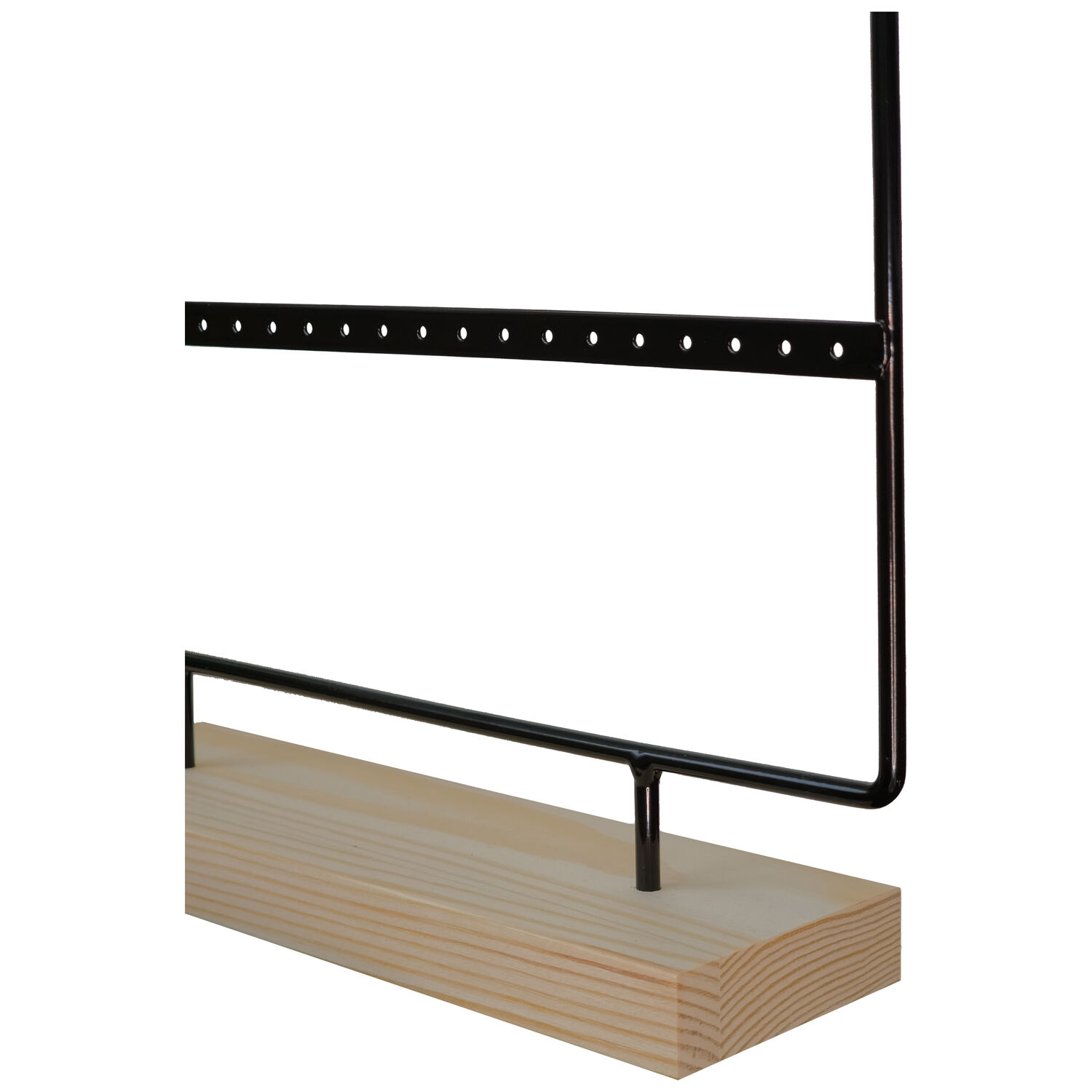 Schwarzer Displayhalter mit Holzsockel Schwarzer Metallrahmen auf hellem Holzsockel, minimalistisch