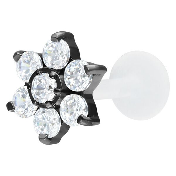 Labret negro con forma de flor cristalina sobre fondo blanco