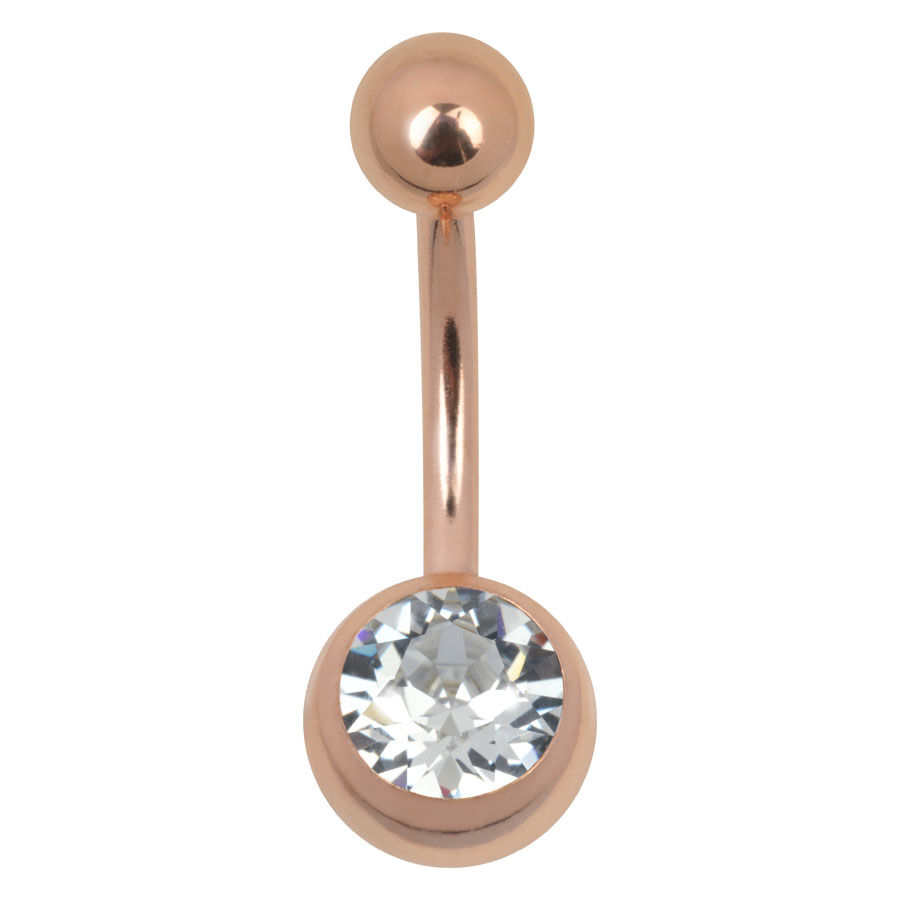 Piercing per ombelico in oro rosa con pietra cristallina su sfondo bianco