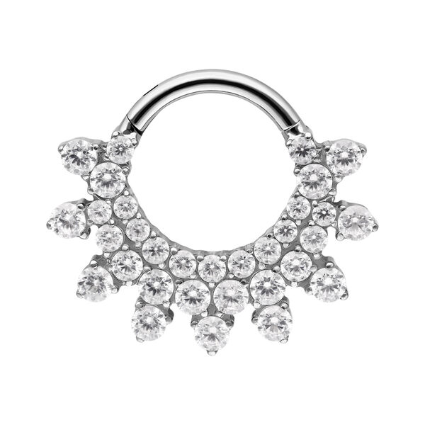 Clicker de septum plateado con cristales brillantes sobre fondo blanco