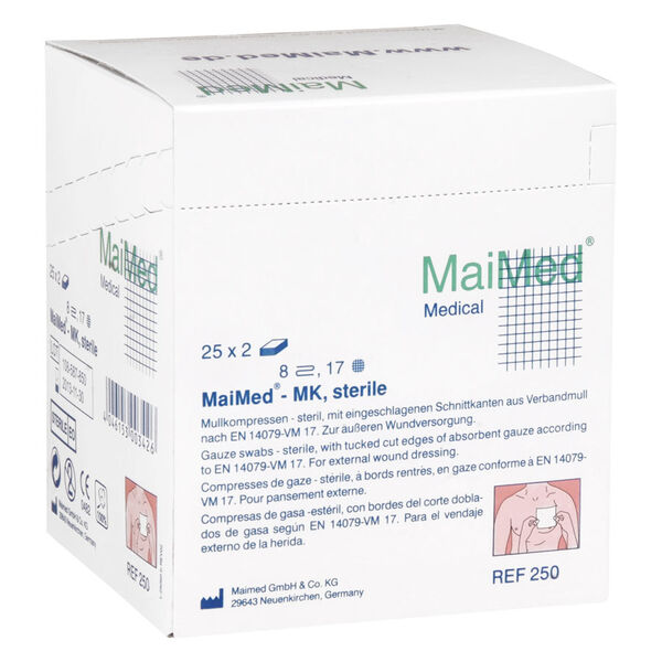 Caja blanca con gasas MaiMed, 10x10 cm, 8 capas, estéril, sobre fondo claro