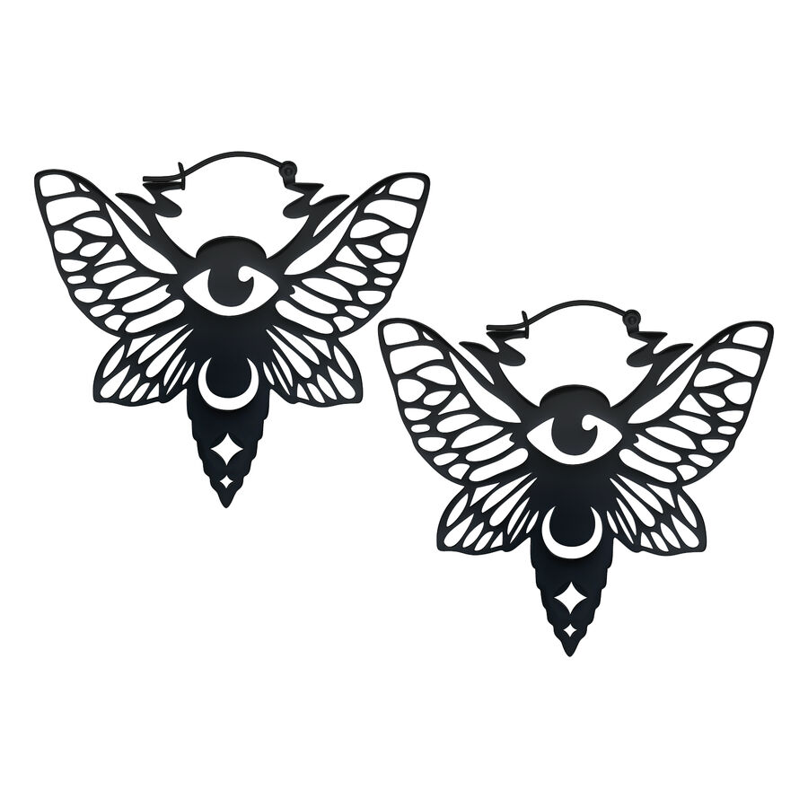 Schwarze Moth Hoops Ohrringe mit Flügel- und Augendesign auf weißem Hintergrund