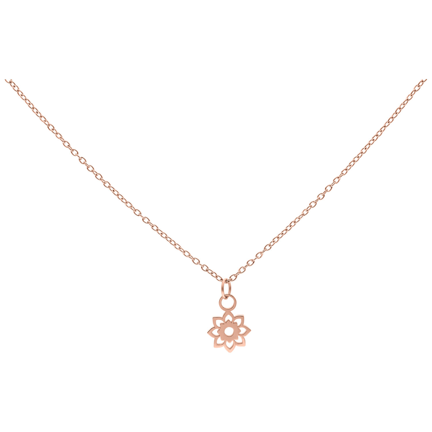 Roségoldene Little Sunflower Kette 50 cm Roségoldene Halskette mit Sonnenblumenanhänger auf weißem Hintergrund