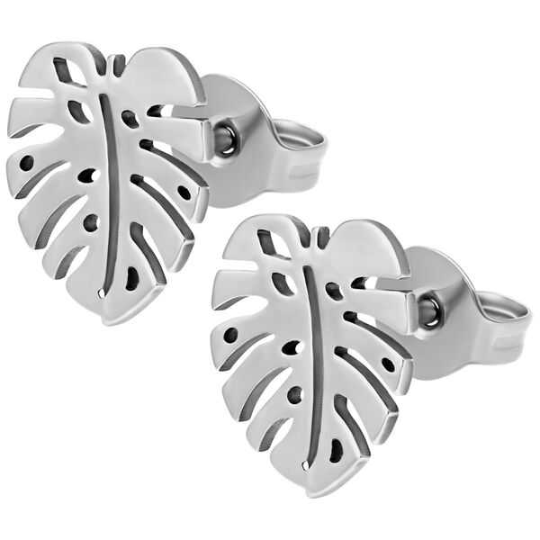 Orecchini Monstera in argento in acciaio chirurgico su sfondo bianco