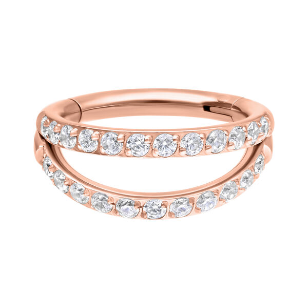 Anillo de cristal de doble fila en oro rosa sobre fondo blanco