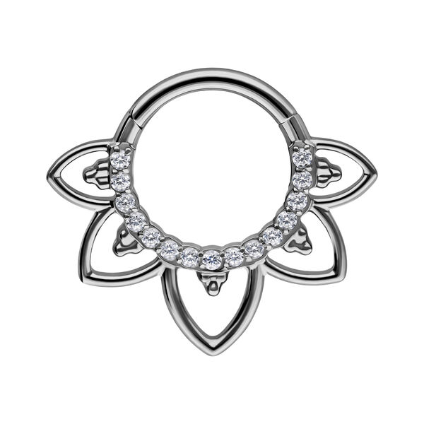 Clicker de septum de titanio negro con cristales claros sobre fondo blanco